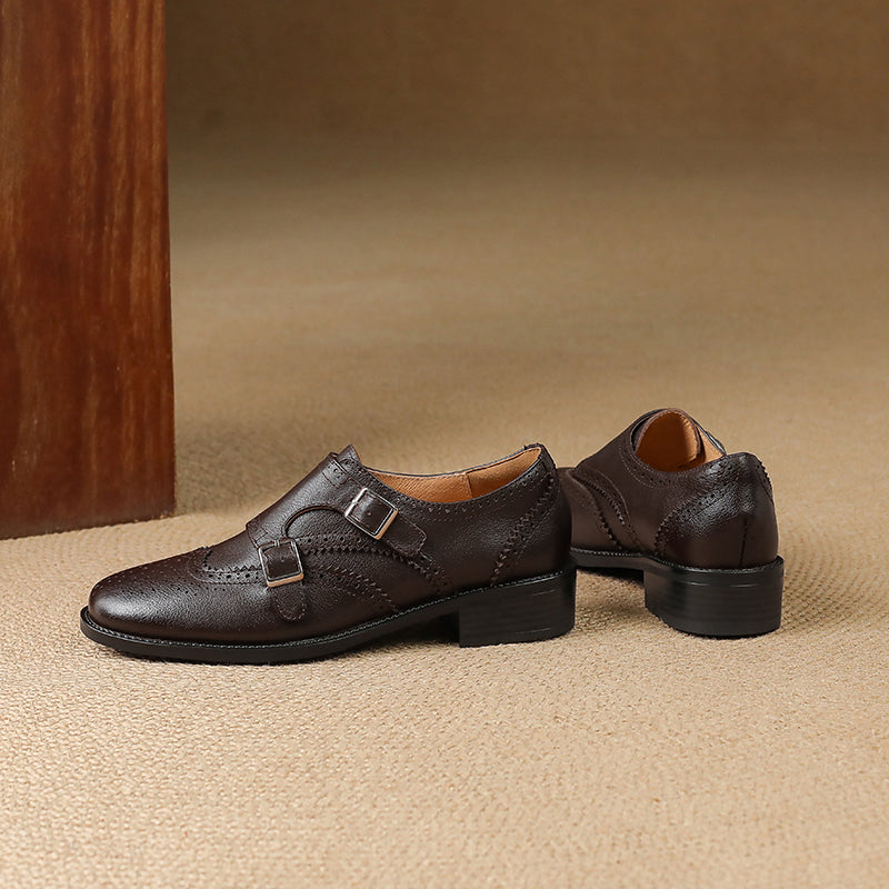 Women's Leather Double Monk Strap Brogue Loafers Vintage Wingtip Commuter Flats
