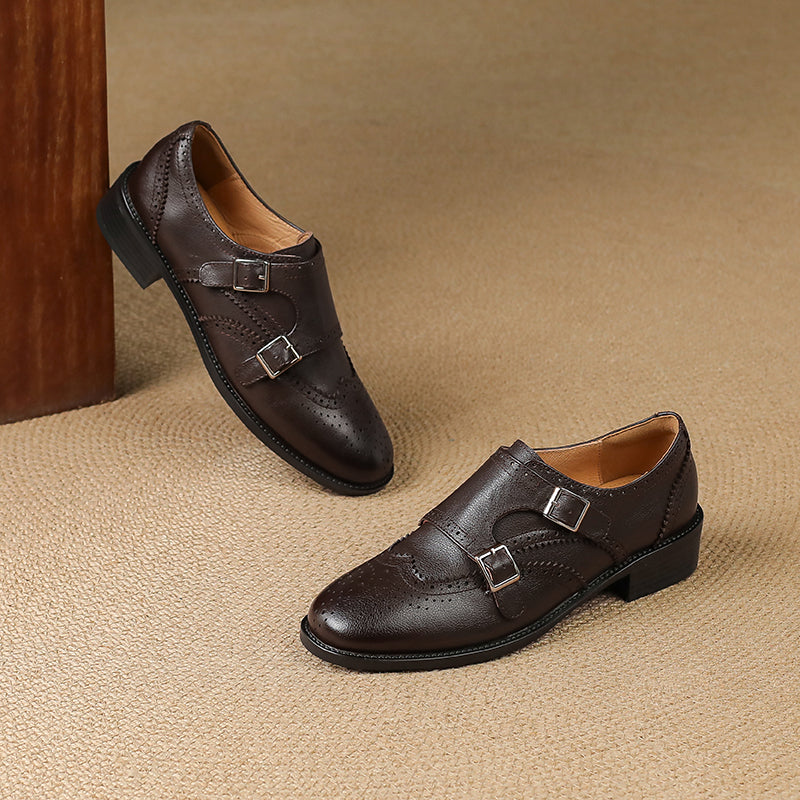 Women's Leather Double Monk Strap Brogue Loafers Vintage Wingtip Commuter Flats