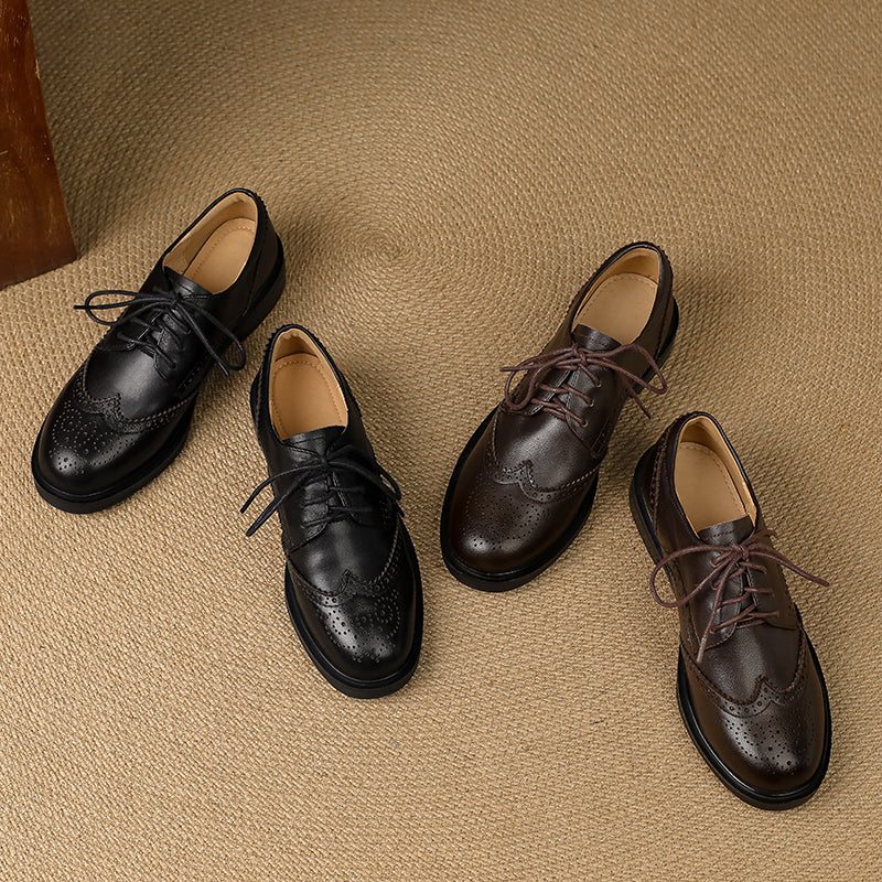 Women's Leather Brogue Shoes Loafers - Classic Lace-up Wingtip Flats