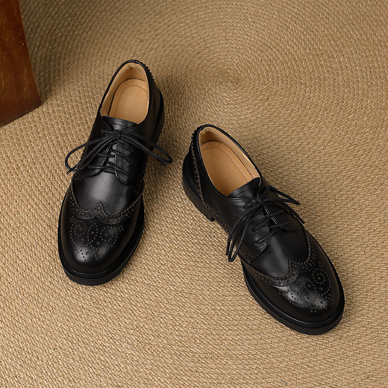 Women's Leather Brogue Shoes Loafers - Classic Lace-up Wingtip Flats