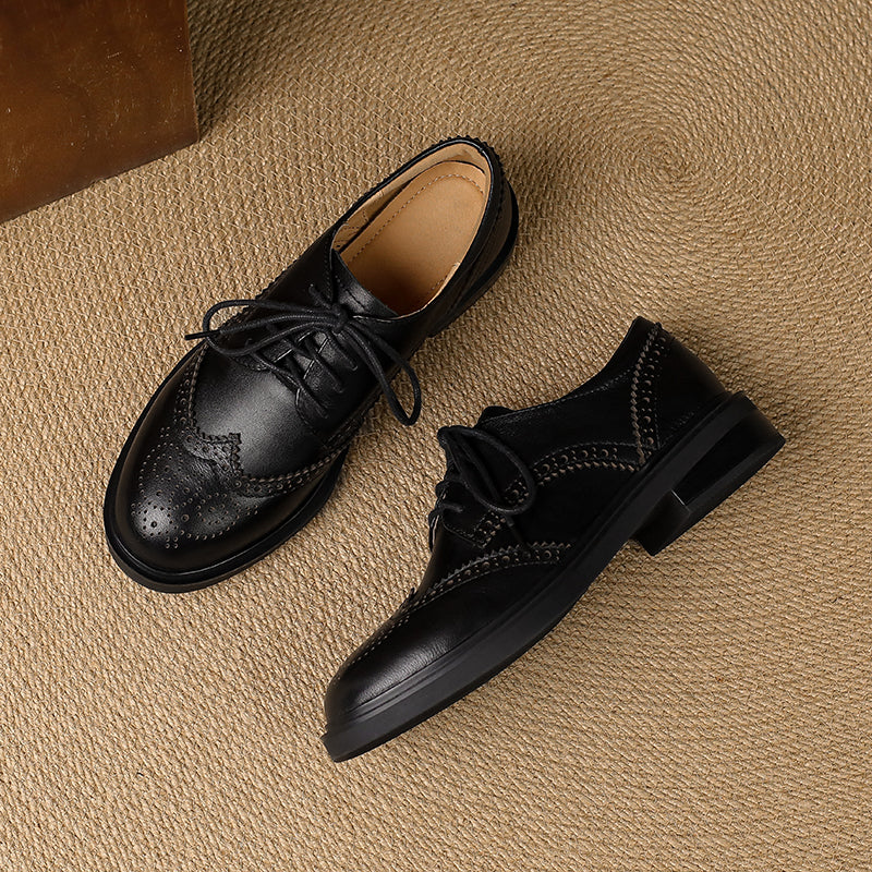 Women's Leather Brogue Shoes Loafers - Classic Lace-up Wingtip Flats