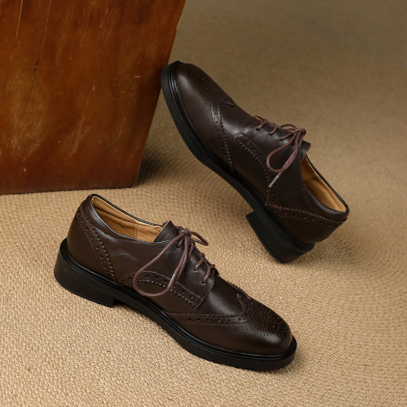 Women's Leather Brogue Shoes Loafers - Classic Lace-up Wingtip Flats