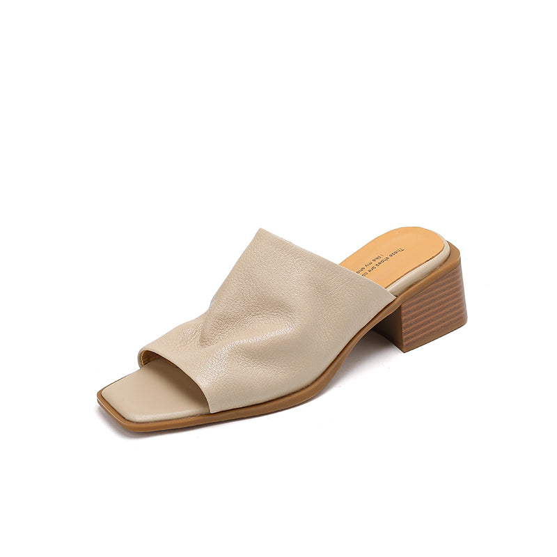 Women‘s Ruched Leather Square Toe Mules Minimalist Sheepskin Block Heel Sandals