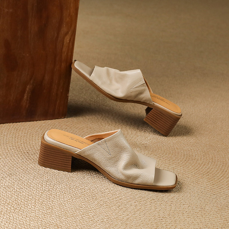 Women‘s Ruched Leather Square Toe Mules Minimalist Sheepskin Block Heel Sandals