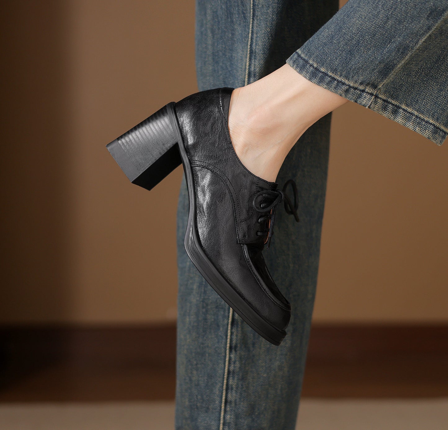 Women's Handmade Sheepskin Oxford Shoes – Business Style Block High Heels