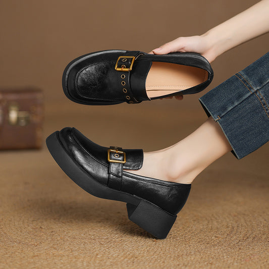 Women's Leather Slip-On Loafers - Grommet Buckle Detail - 4.5cm Mid Block Heel