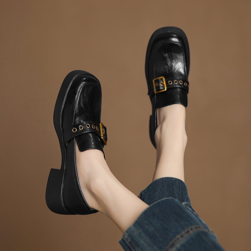 Women's Leather Slip-On Loafers - Grommet Buckle Detail - 4.5cm Mid Block Heel