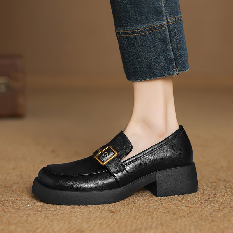Women's Leather Slip-On Loafers - Grommet Buckle Detail - 4.5cm Mid Block Heel