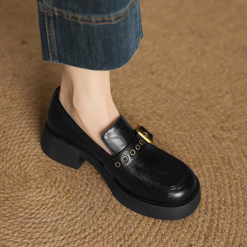 Women's Leather Slip-On Loafers - Grommet Buckle Detail - 4.5cm Mid Block Heel
