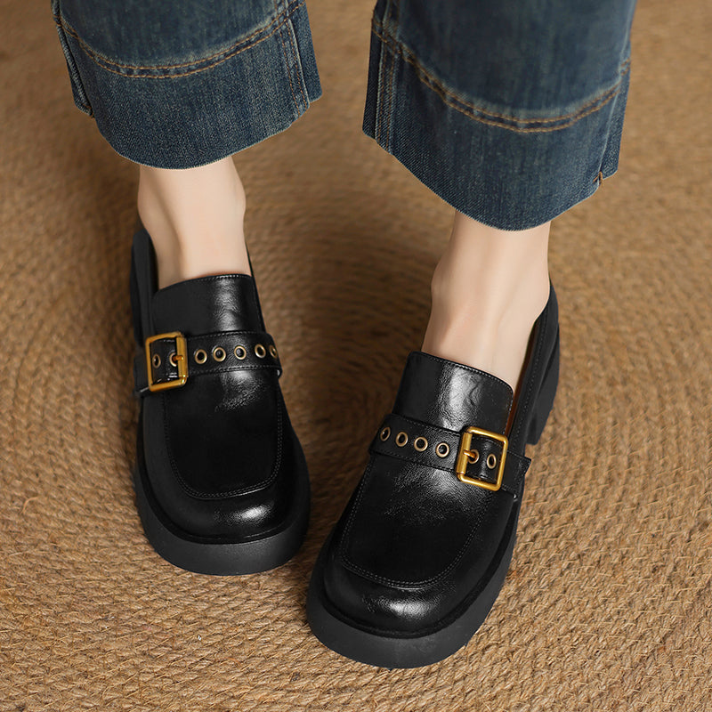 Women's Leather Slip-On Loafers - Grommet Buckle Detail - 4.5cm Mid Block Heel