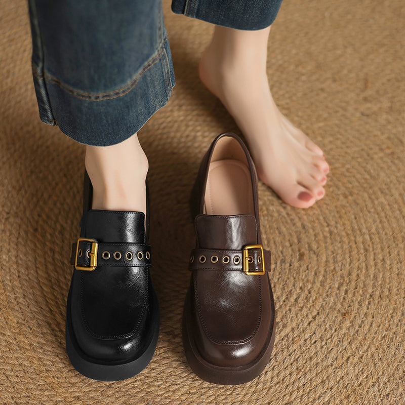 Women's Leather Slip-On Loafers - Grommet Buckle Detail - 4.5cm Mid Block Heel