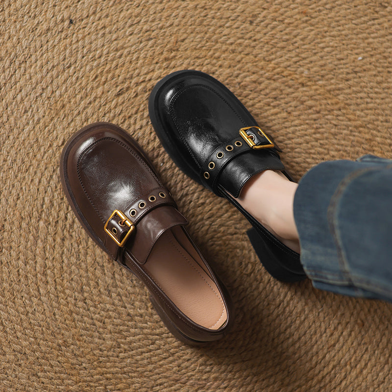 Women's Leather Slip-On Loafers - Grommet Buckle Detail - 4.5cm Mid Block Heel