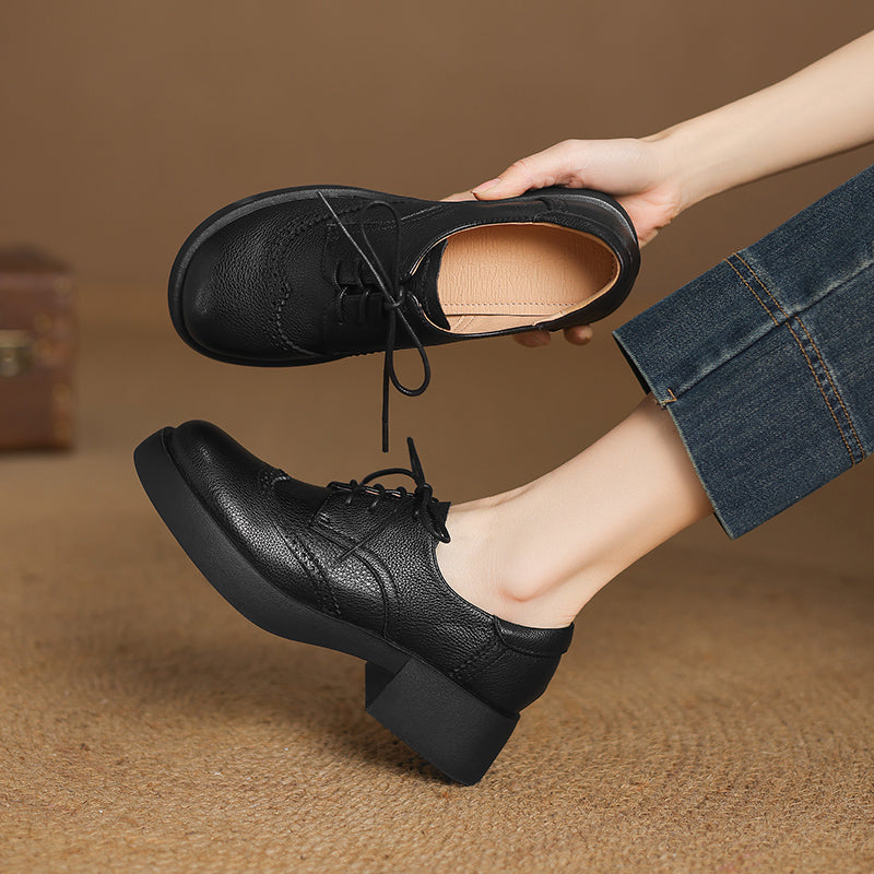 Women's Sheepskin Brogue Oxfords Retro Round Toe Lace-up Platform Chunky Heel Derby Shoes
