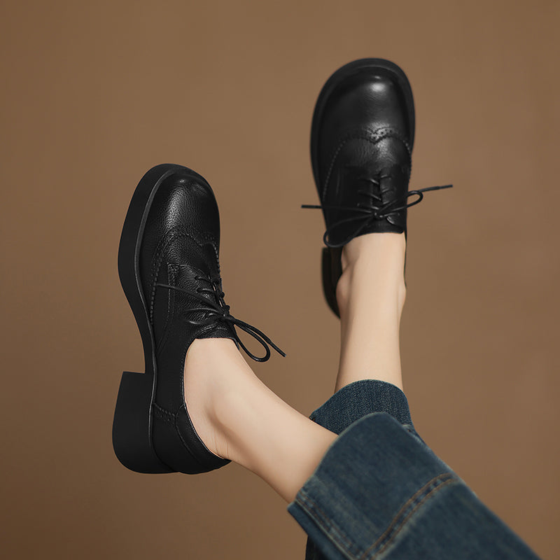 Women's Sheepskin Brogue Oxfords Retro Round Toe Lace-up Platform Chunky Heel Derby Shoes
