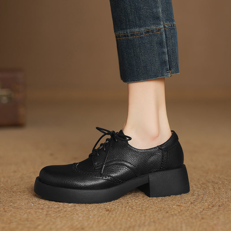 Women's Sheepskin Brogue Oxfords Retro Round Toe Lace-up Platform Chunky Heel Derby Shoes
