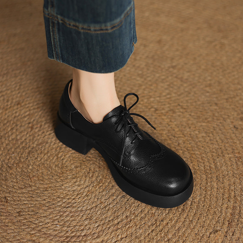 Women's Sheepskin Brogue Oxfords Retro Round Toe Lace-up Platform Chunky Heel Derby Shoes