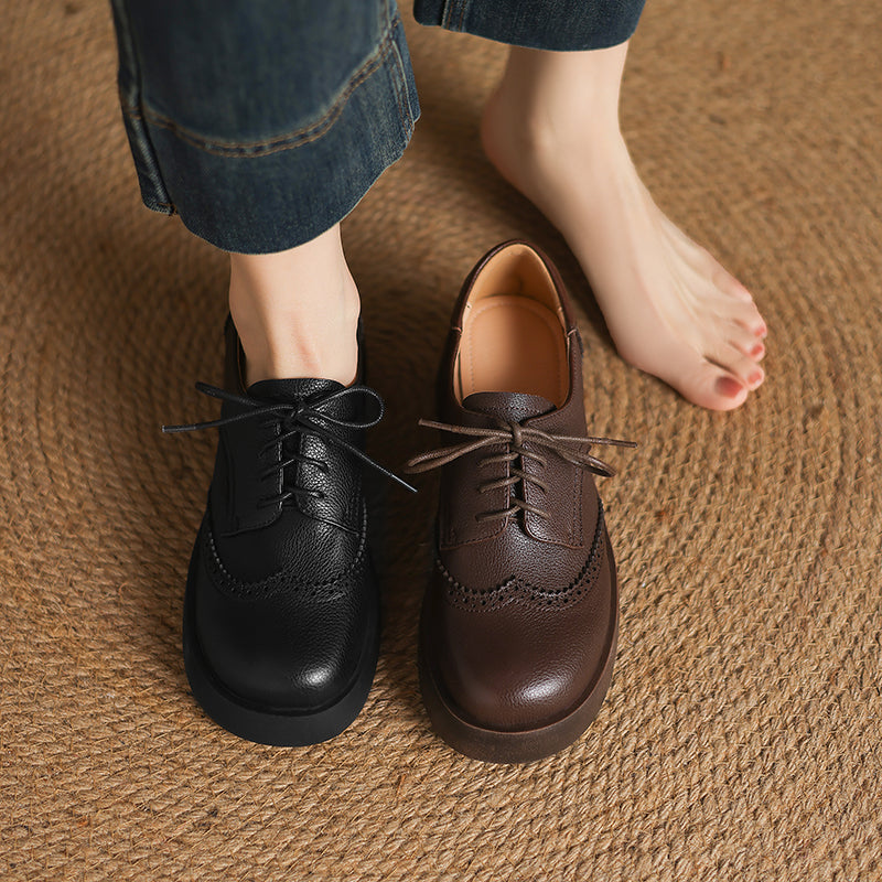 Women's Sheepskin Brogue Oxfords Retro Round Toe Lace-up Platform Chunky Heel Derby Shoes