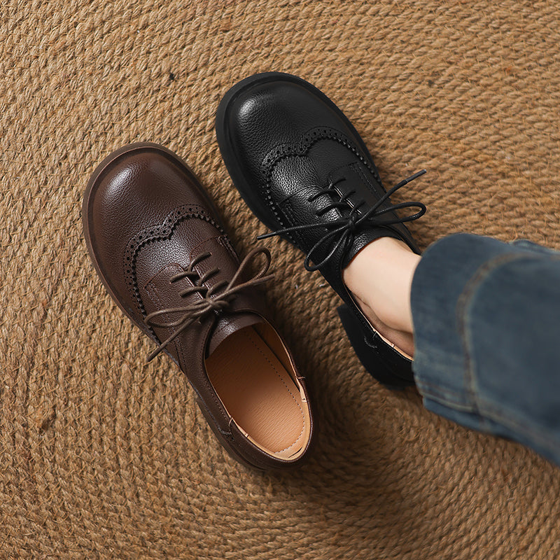 Women's Sheepskin Brogue Oxfords Retro Round Toe Lace-up Platform Chunky Heel Derby Shoes