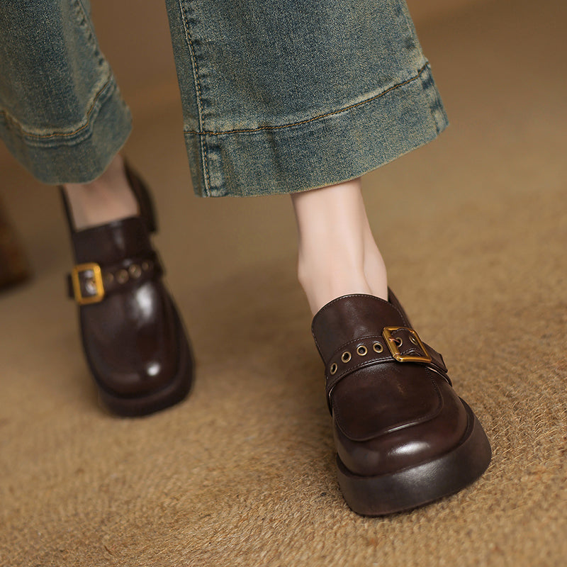 Women's Leather Slip-On Loafers - Grommet Buckle Detail - 4.5cm Mid Block Heel