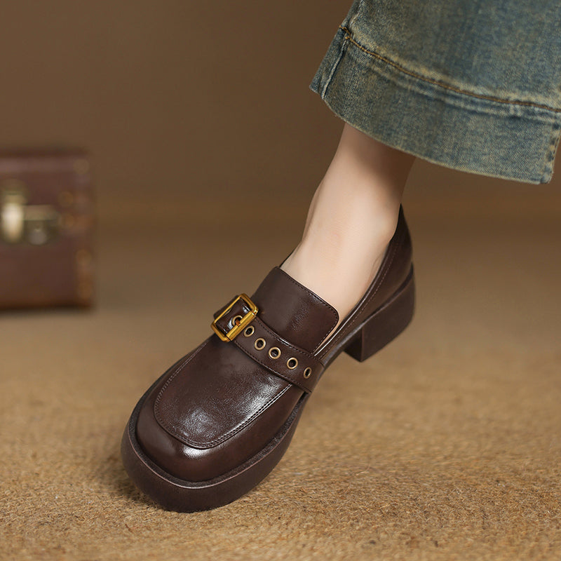 Women's Leather Slip-On Loafers - Grommet Buckle Detail - 4.5cm Mid Block Heel