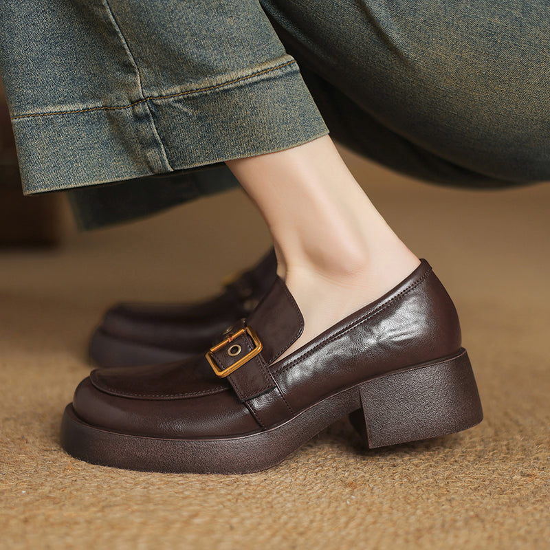 Women's Leather Slip-On Loafers - Grommet Buckle Detail - 4.5cm Mid Block Heel