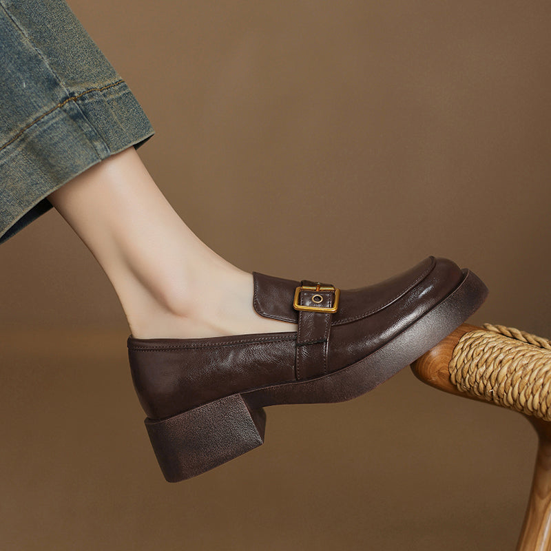 Women's Leather Slip-On Loafers - Grommet Buckle Detail - 4.5cm Mid Block Heel
