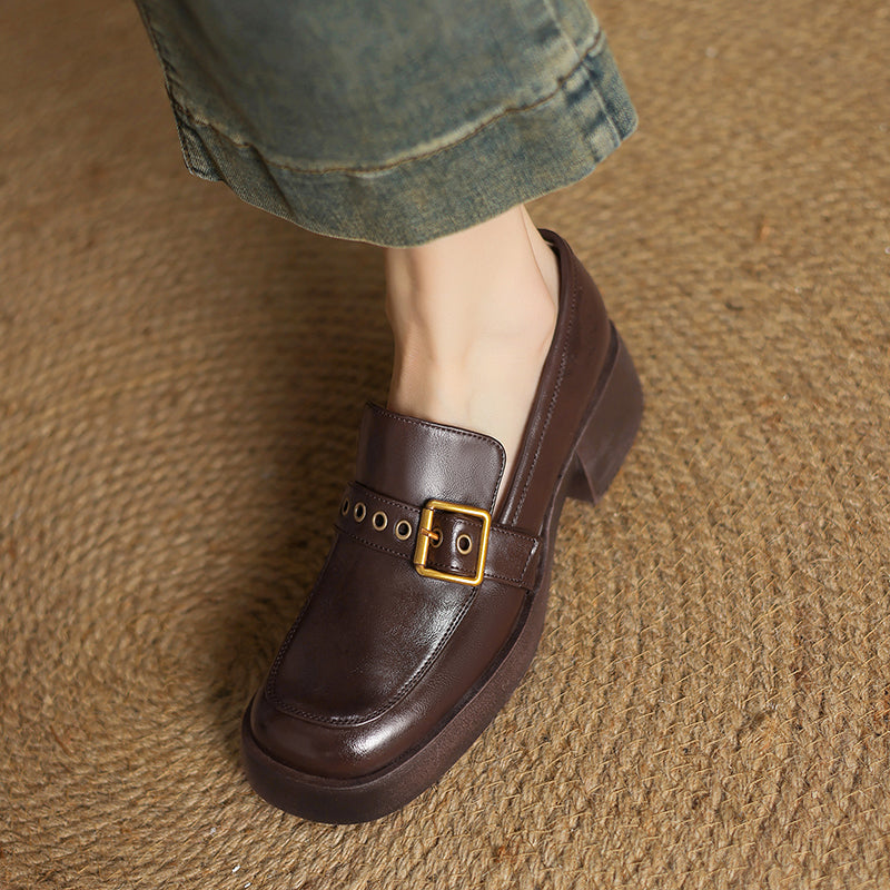 Women's Leather Slip-On Loafers - Grommet Buckle Detail - 4.5cm Mid Block Heel
