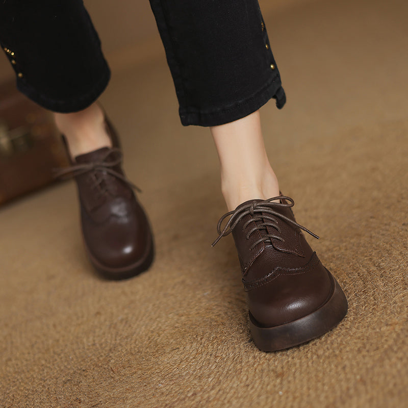 Women's Sheepskin Brogue Oxfords Retro Round Toe Lace-up Platform Chunky Heel Derby Shoes