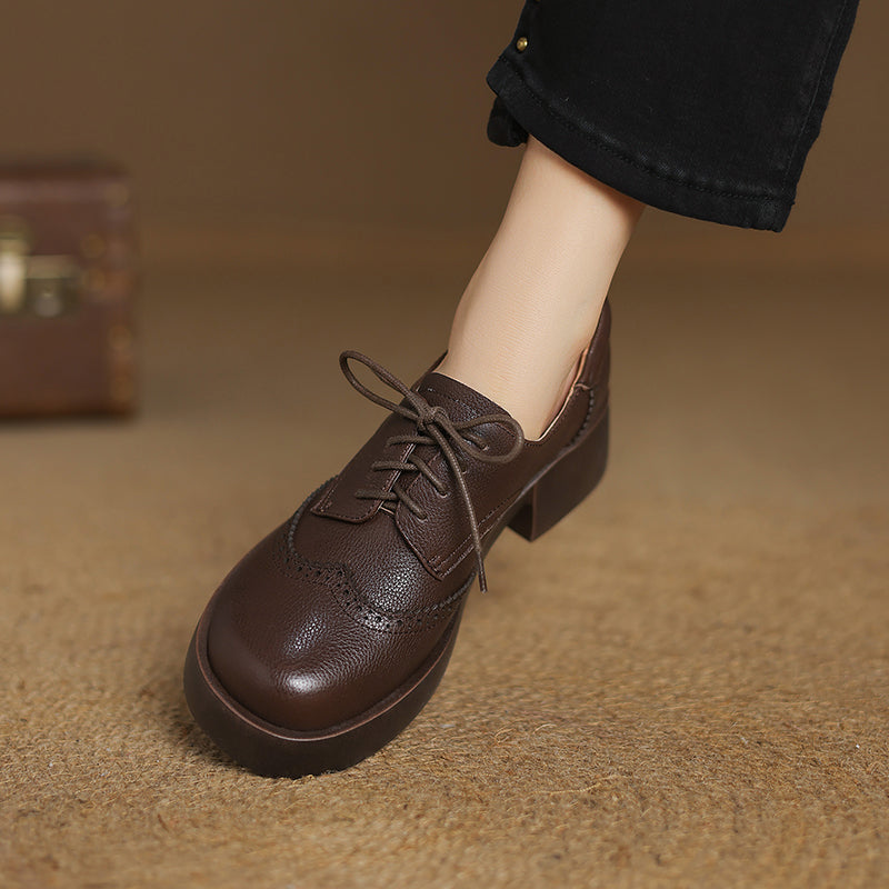Women's Sheepskin Brogue Oxfords Retro Round Toe Lace-up Platform Chunky Heel Derby Shoes