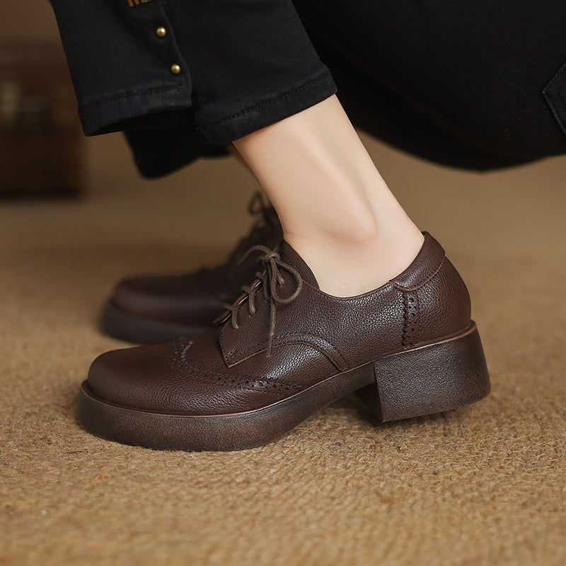 Women's Sheepskin Brogue Oxfords Retro Round Toe Lace-up Platform Chunky Heel Derby Shoes