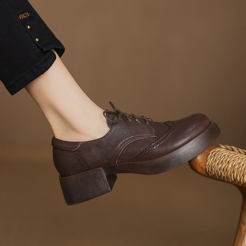 Women's Sheepskin Brogue Oxfords Retro Round Toe Lace-up Platform Chunky Heel Derby Shoes