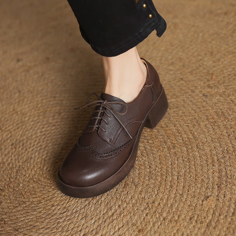 Women's Sheepskin Brogue Oxfords Retro Round Toe Lace-up Platform Chunky Heel Derby Shoes