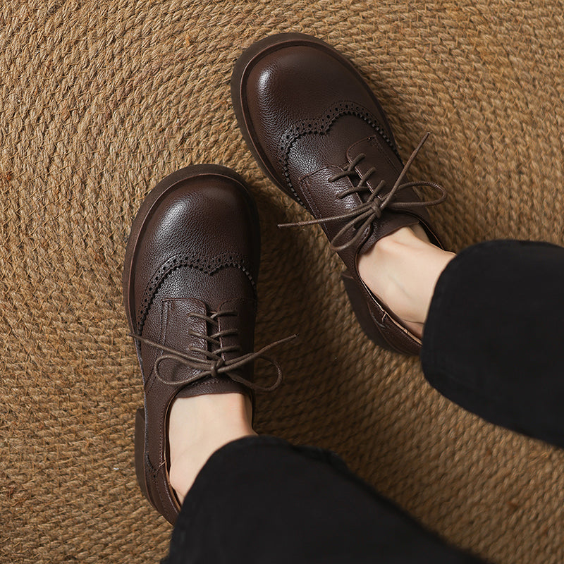 Women's Sheepskin Brogue Oxfords Retro Round Toe Lace-up Platform Chunky Heel Derby Shoes