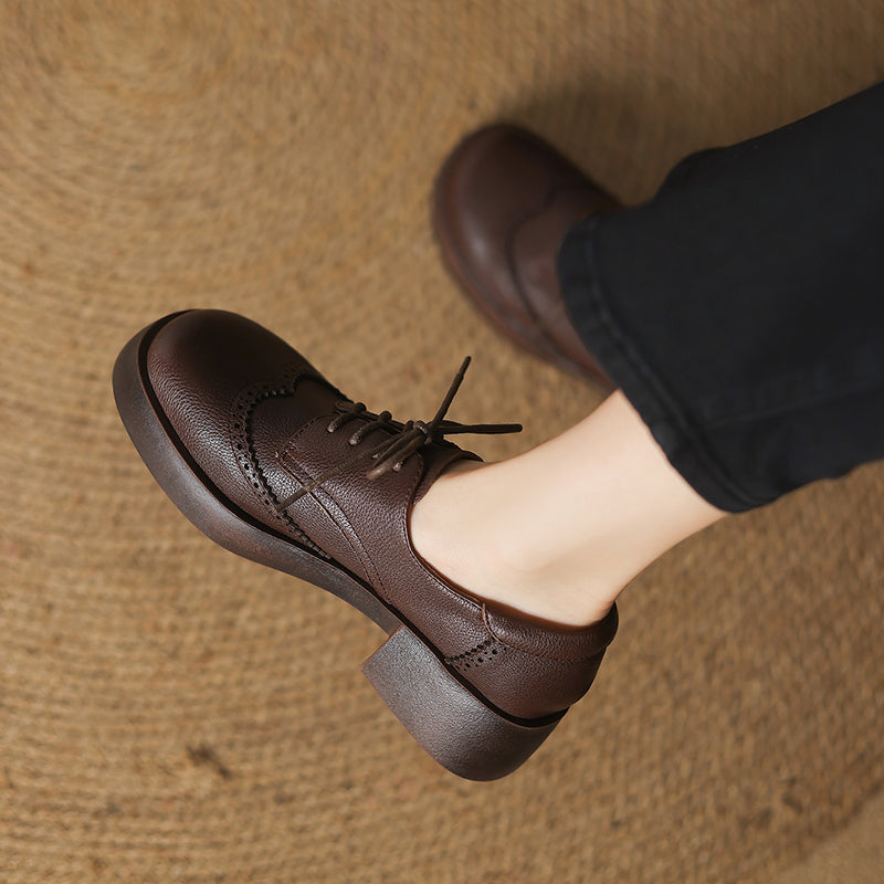 Women's Sheepskin Brogue Oxfords Retro Round Toe Lace-up Platform Chunky Heel Derby Shoes