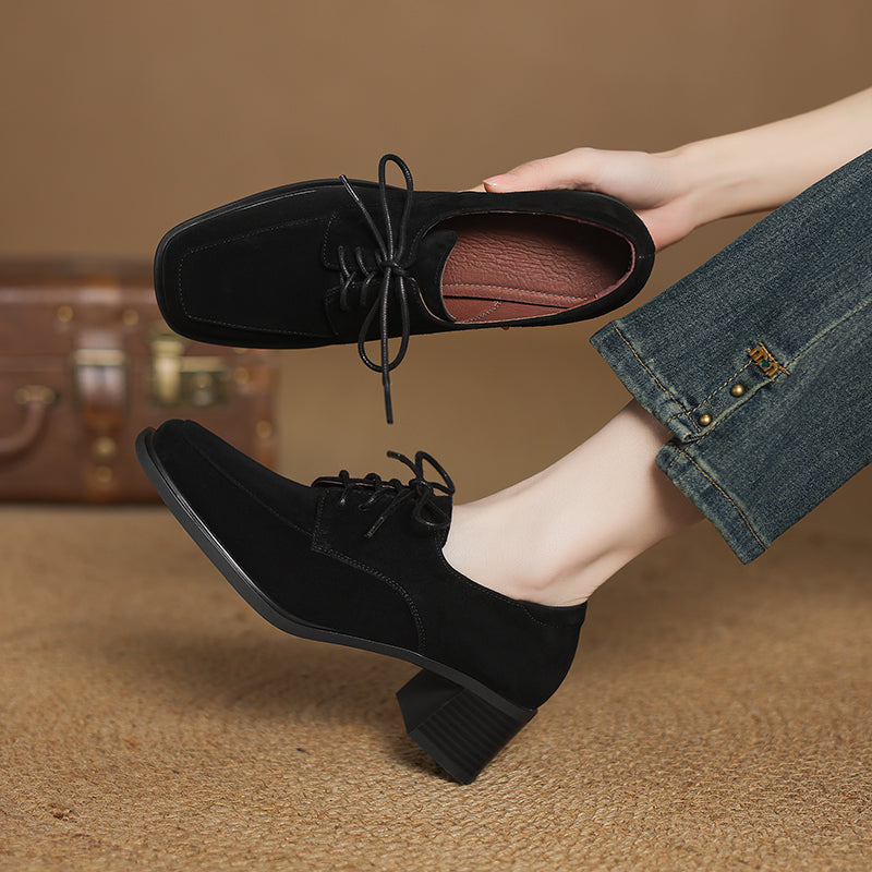 Women‘s Retro Suede Oxfords Vintage Square Toe Lace-up Block Heel Pumps