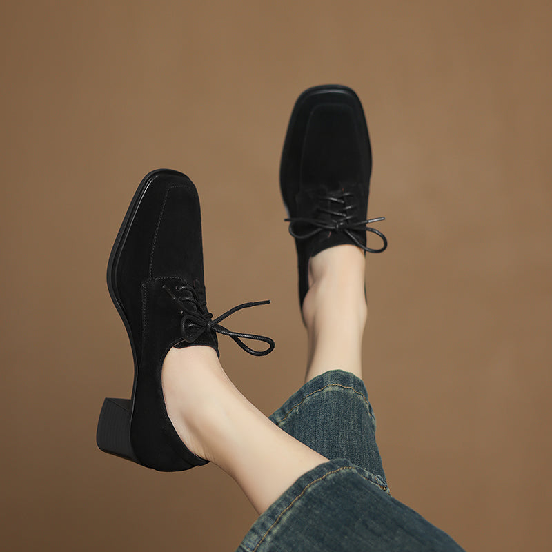 Women‘s Retro Suede Oxfords Vintage Square Toe Lace-up Block Heel Pumps