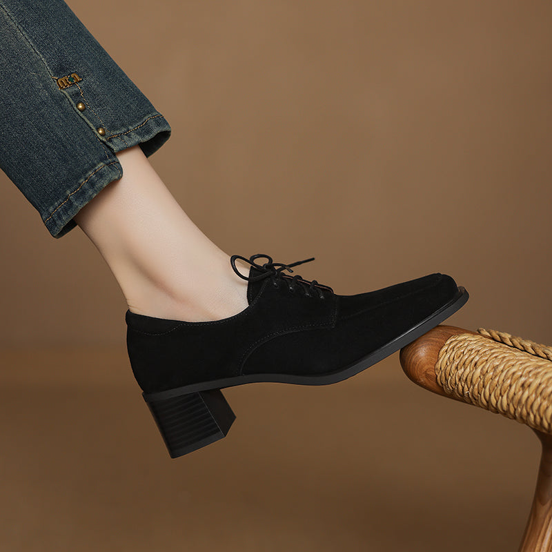 Women‘s Retro Suede Oxfords Vintage Square Toe Lace-up Block Heel Pumps