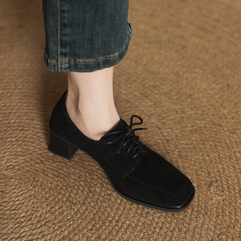 Women‘s Retro Suede Oxfords Vintage Square Toe Lace-up Block Heel Pumps