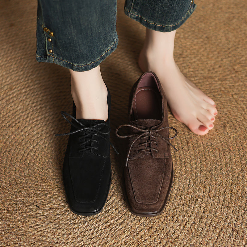 Women‘s Retro Suede Oxfords Vintage Square Toe Lace-up Block Heel Pumps