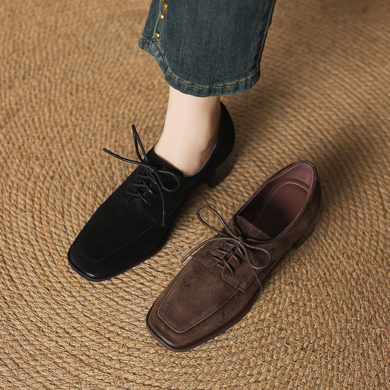 Women‘s Retro Suede Oxfords Vintage Square Toe Lace-up Block Heel Pumps