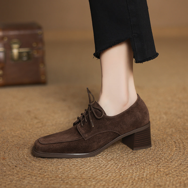 Women‘s Retro Suede Oxfords Vintage Square Toe Lace-up Block Heel Pumps