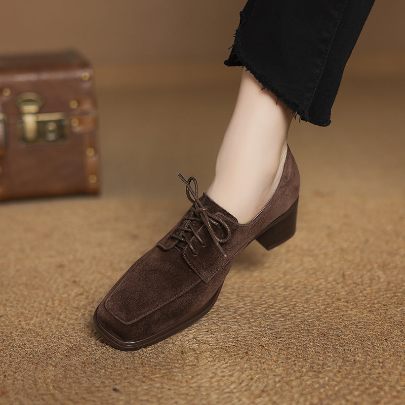 Women‘s Retro Suede Oxfords Vintage Square Toe Lace-up Block Heel Pumps