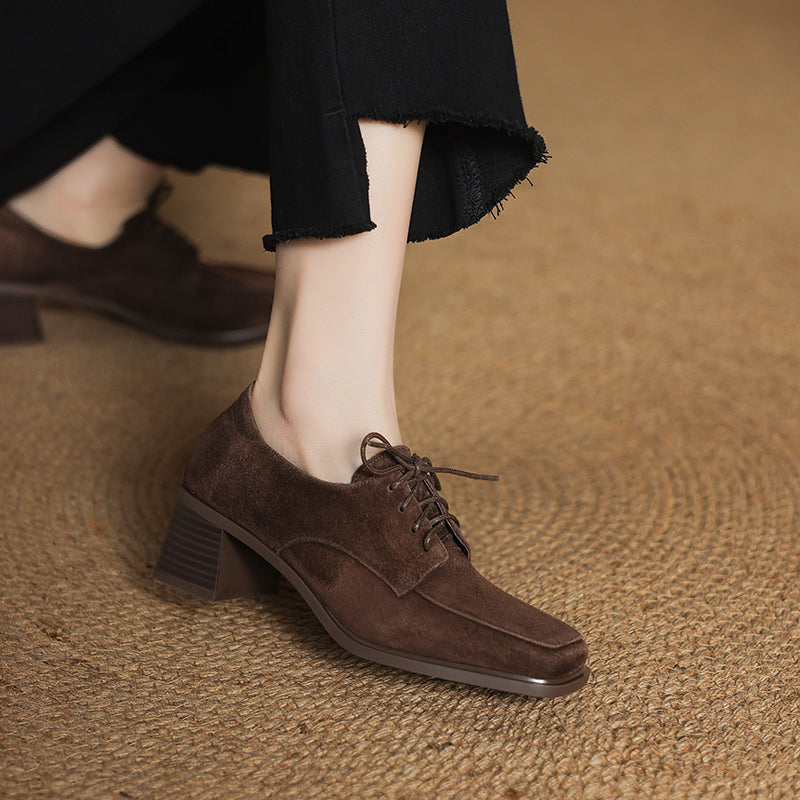 Women‘s Retro Suede Oxfords Vintage Square Toe Lace-up Block Heel Pumps
