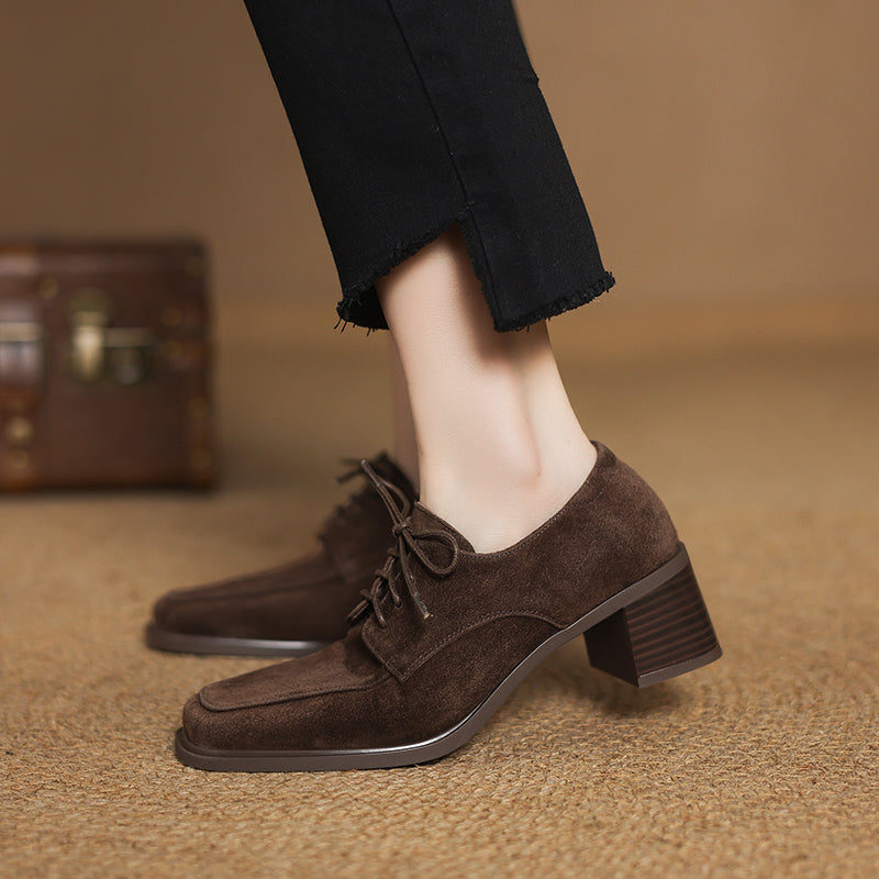 Women‘s Retro Suede Oxfords Vintage Square Toe Lace-up Block Heel Pumps