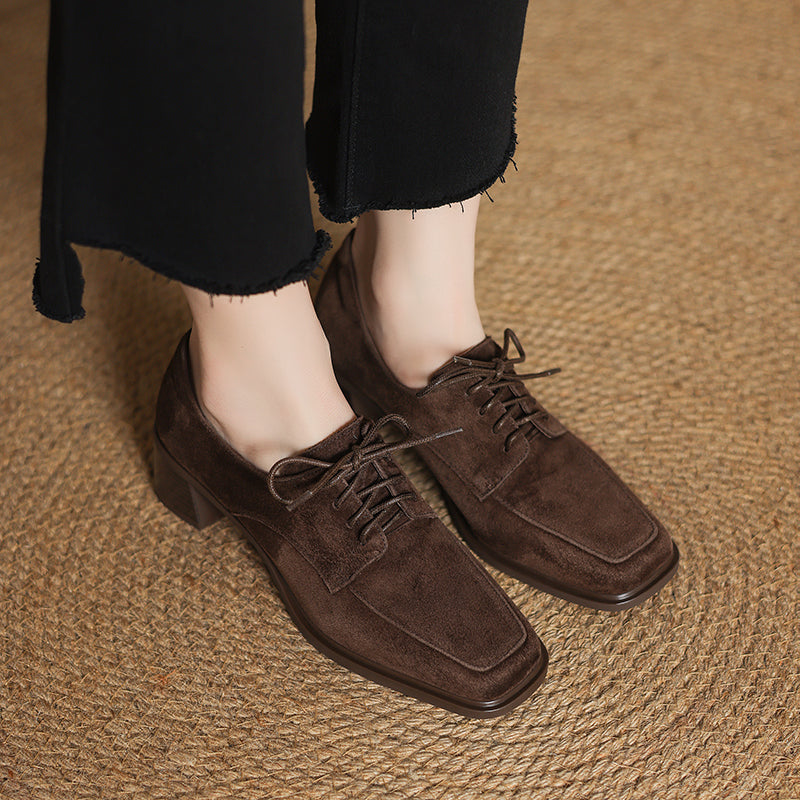 Women‘s Retro Suede Oxfords Vintage Square Toe Lace-up Block Heel Pumps