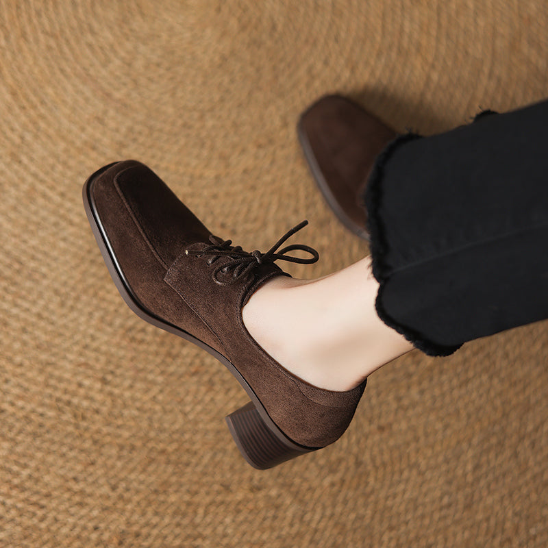 Women‘s Retro Suede Oxfords Vintage Square Toe Lace-up Block Heel Pumps