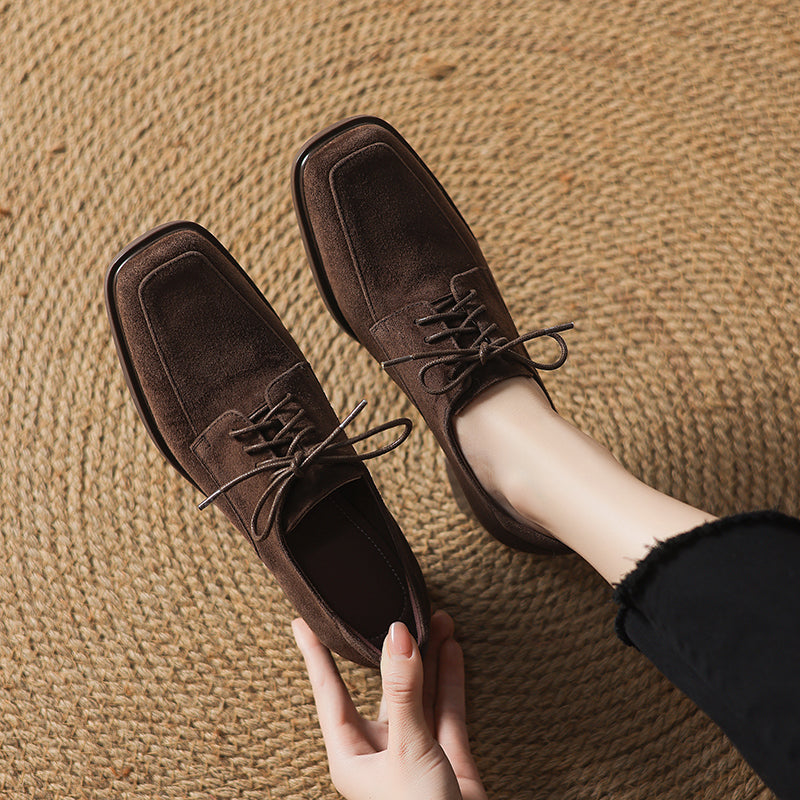 Women‘s Retro Suede Oxfords Vintage Square Toe Lace-up Block Heel Pumps