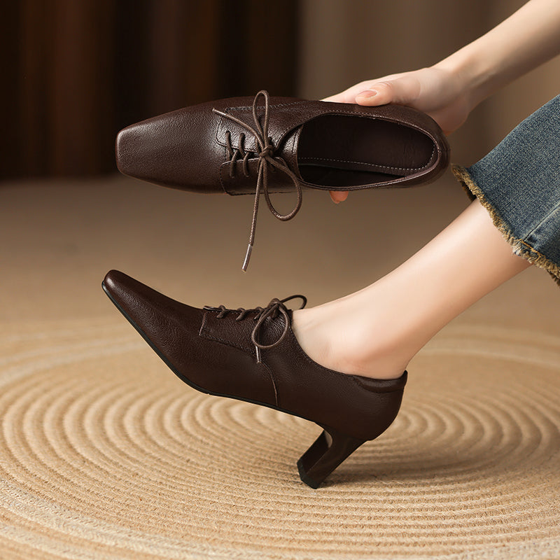 Women's Retro Sheepskin Oxfords Vintage Square Toe Lace-up Block High Heel Pumps