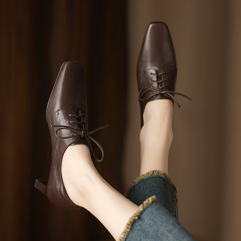 Women's Retro Sheepskin Oxfords Vintage Square Toe Lace-up Block High Heel Pumps