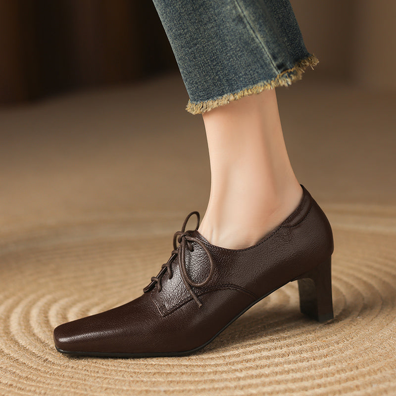 Women's Retro Sheepskin Oxfords Vintage Square Toe Lace-up Block High Heel Pumps
